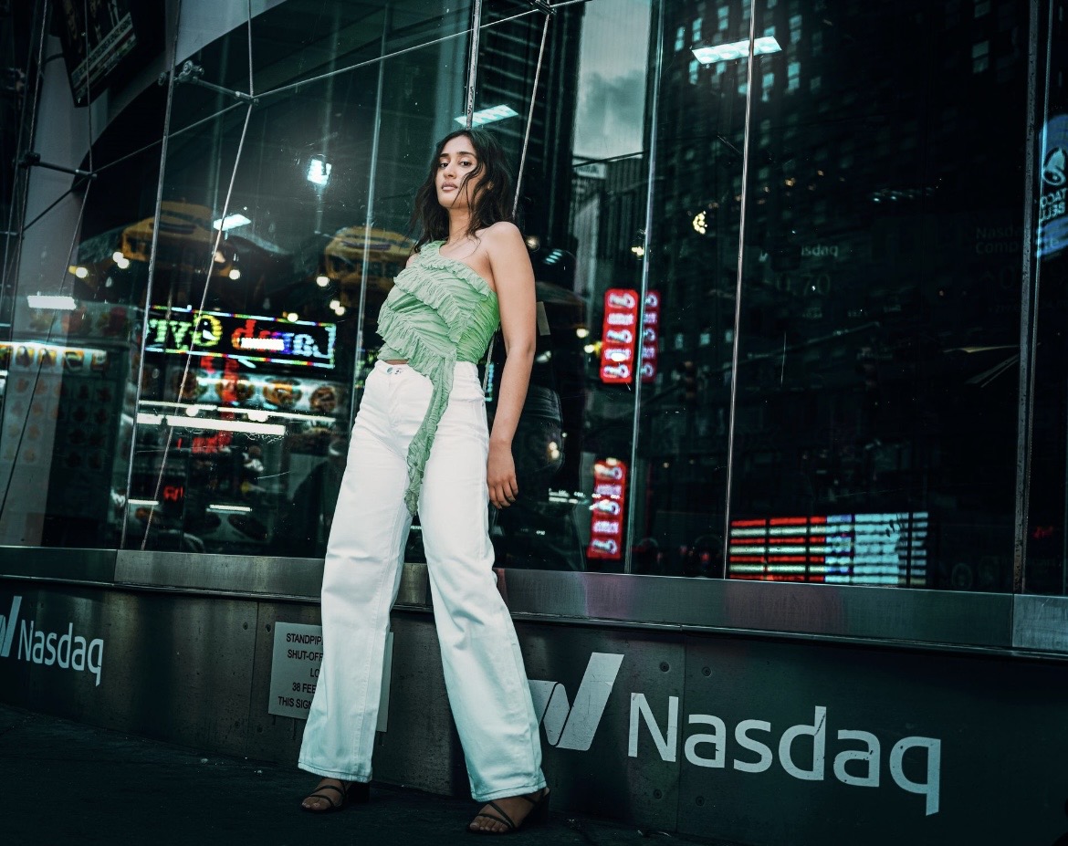 Raagini Gupta modeling at night near Times Square lights