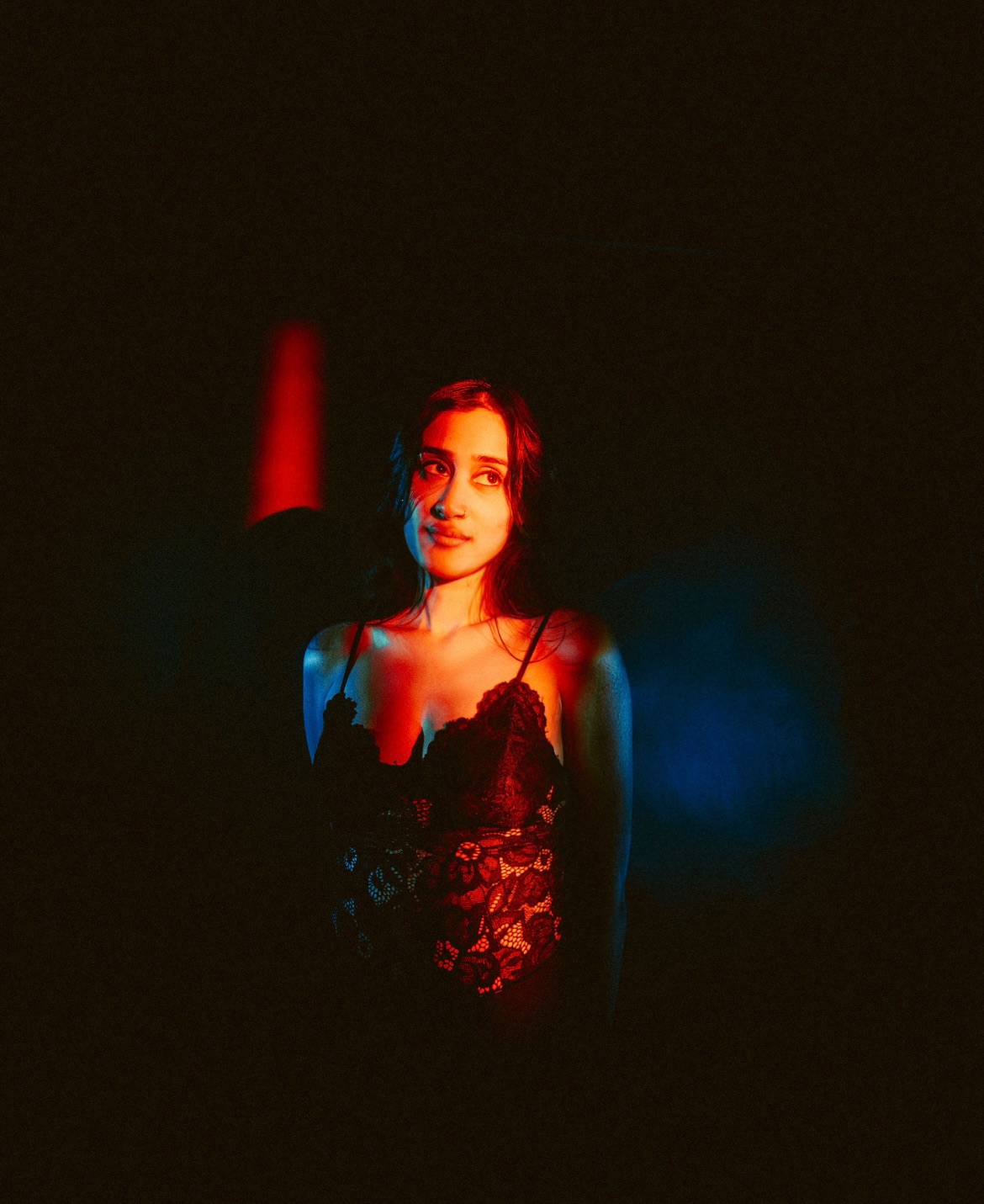Raagini Gupta modeling in dramatic red and blue light for Terrance Yale